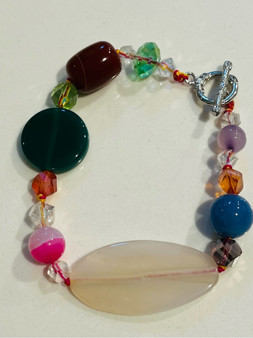 Handmade 8" Toggle Bracelet Glass, Semi Precious, Crystal. Hand knotted